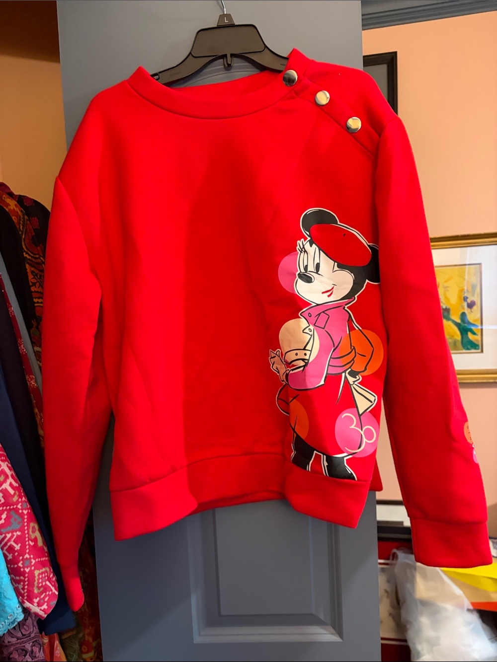 Disney Women’s Red Minnie Mouse Pullover Sweatshirt with Shoulder Snap Buttons